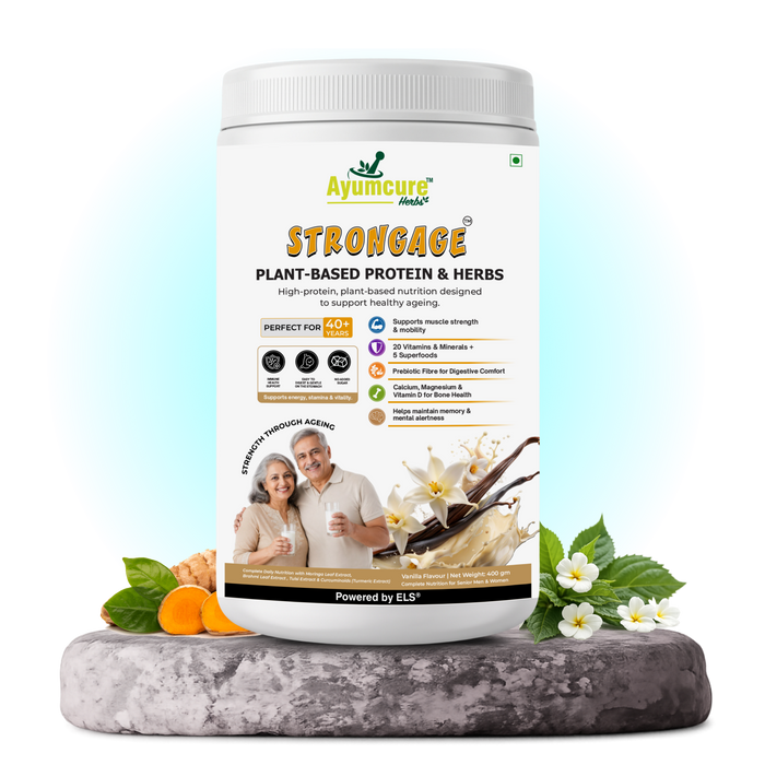 StrongAge Plant-Based Protein Powder for Men & Women 40+ | High Protein with 20 Vitamins & Minerals + 5 Superfoods | Supports Muscle Strength, Mobility, Bone Health, Energy & Healthy Ageing | Prebiotic Fibre | Vanilla Flavour | 400g