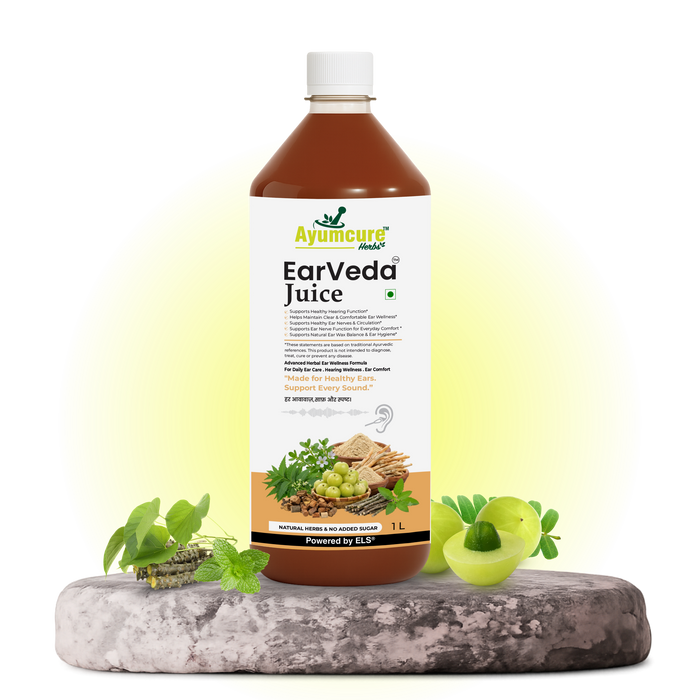 Ayumcure EarVeda Juice – Ear Health, Nerve Function & Blood Circulation | With Giloy, Brahmi, Shankhpushpi & Ashwagandha | Natural Herbs, No Added Sugar | 1L