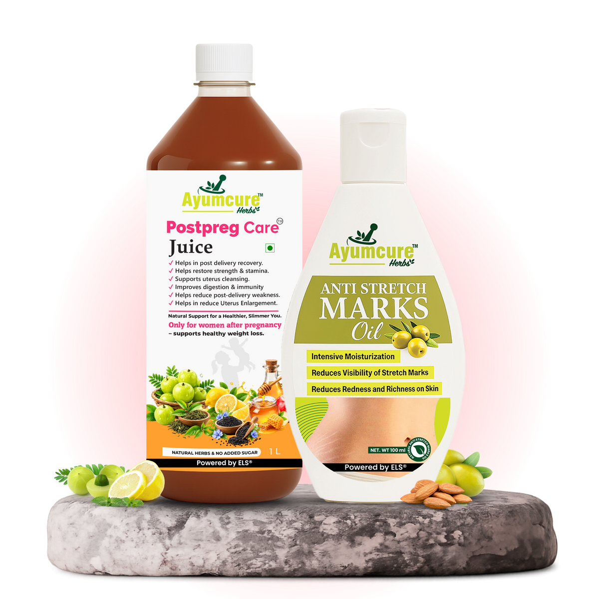 Postpartum Recovery Combo | Postpreg Care Juice 1L + Stretch Mark Reduction Oil 100ml | Ayurvedic Herbal Tonic for Post Delivery Wellness | Natural Oils for Skin Elasticity & Nourishment