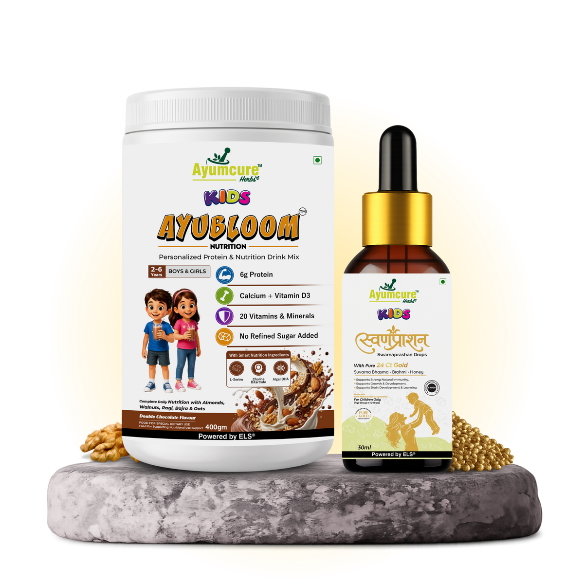 AYUBLOOM Nutrition Drink Powder + Swarnaprashan Drops | Complete Daily Nutrition, Immunity & Brain Support for Children | For Boys & Girls 2-12 Years