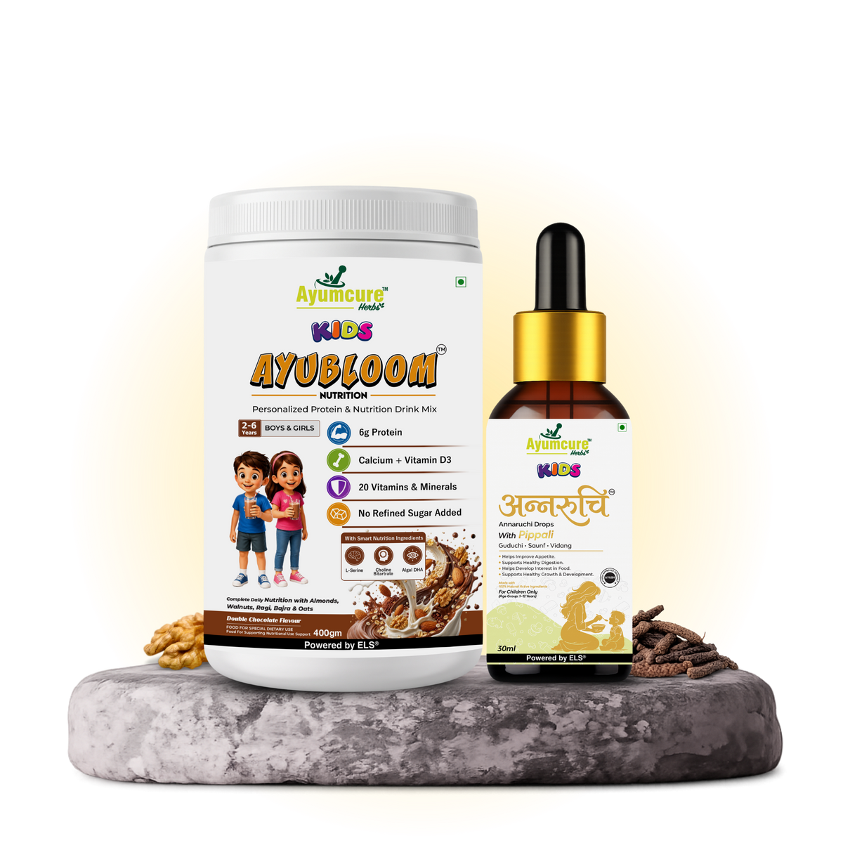 Kids Combo — Annaruchi Drops + AYUBLOOM Nutrition Drink Powder | For Boys & Girls 1-12 Years