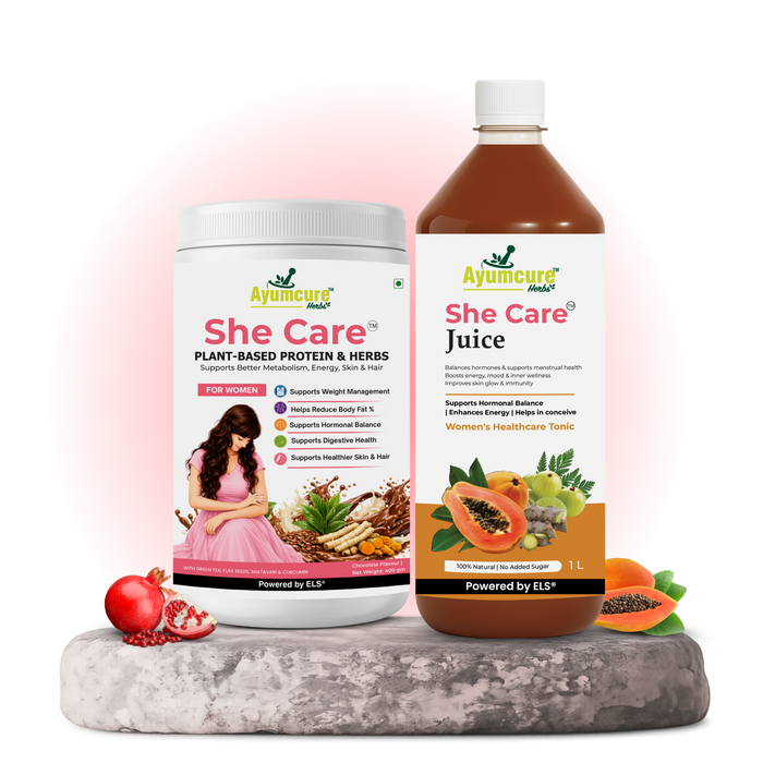 She Care Women’s Wellness Combo | Plant-Based Protein Powder 400 g + Ayurvedic Herbal Juice 1 L | Daily Nutrition, Hormonal Wellness & Monthly Comfort Support