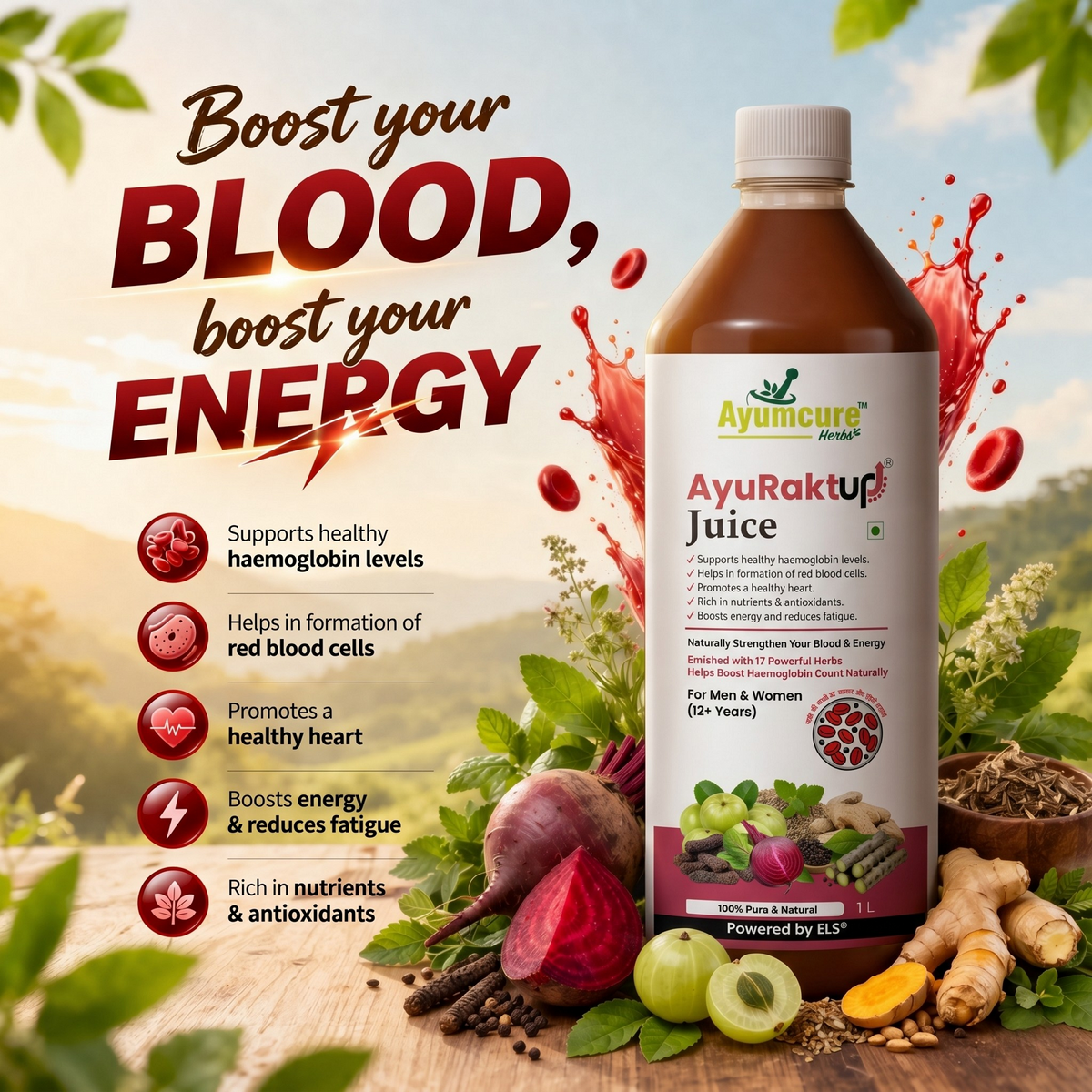 AyuRaktUp Juice – Blood Health & Iron Support | Helps Reduce Fatigue | 100% Natural | 1L