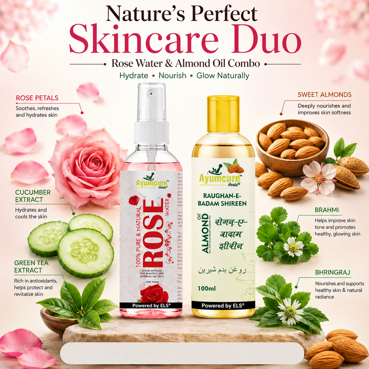 Rose Water & Almond Oil Combo | Natural Hydration for Face, Hair & Body | Unisex