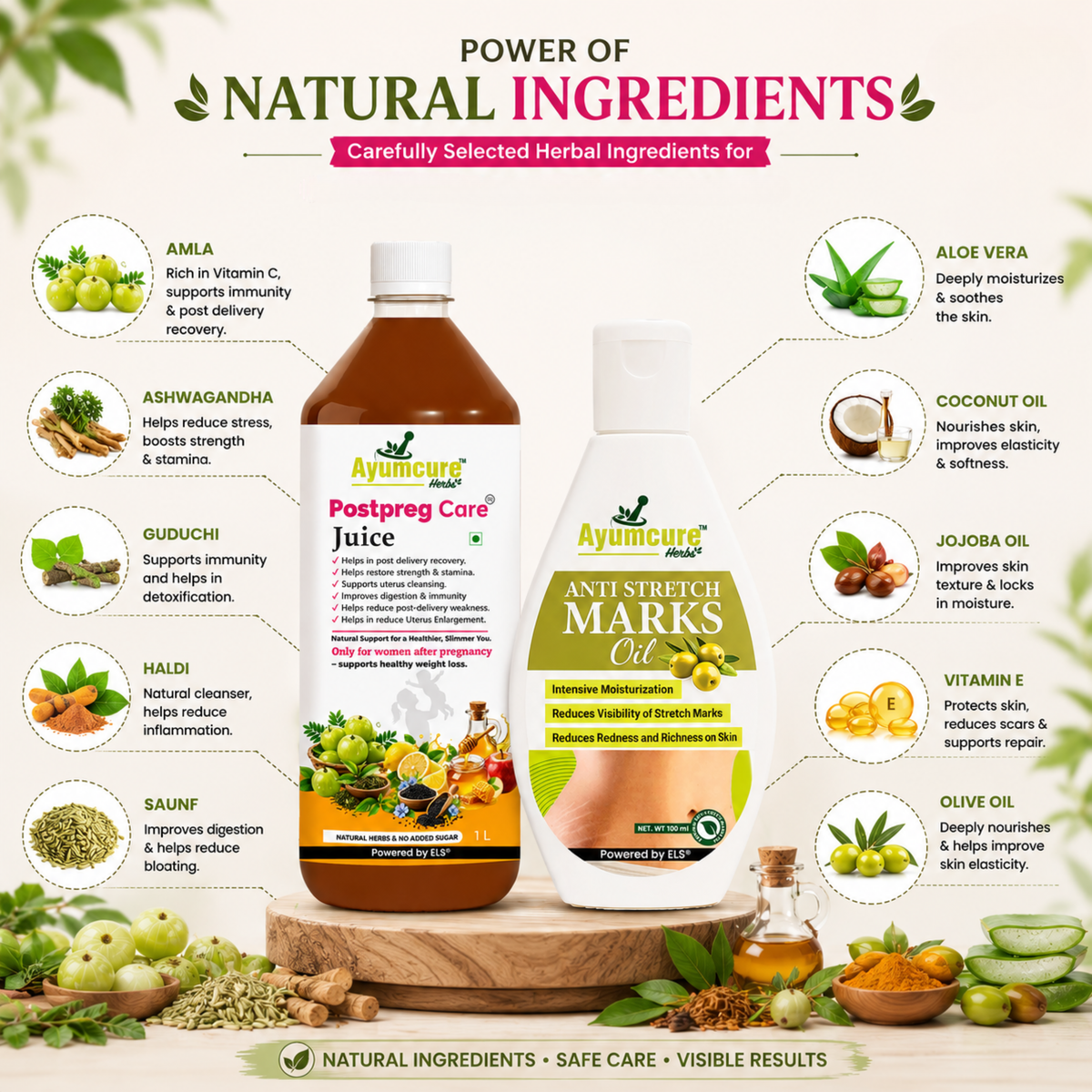 Postpartum Recovery Combo – Postpreg Care Juice + Stretch Mark Reduction Oil | Ayurvedic Tonic for Post-Delivery Wellness