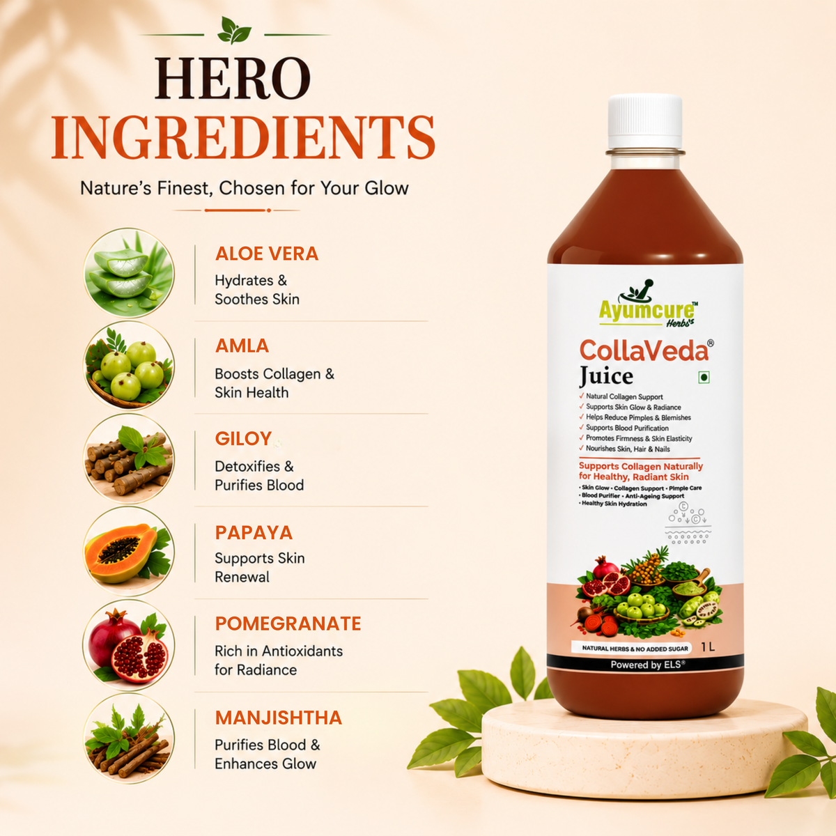CollaVeda Juice – Natural Collagen Support & Skin Glow | Korean Glass Skin Formula | 100% Herbal | 1 Litre