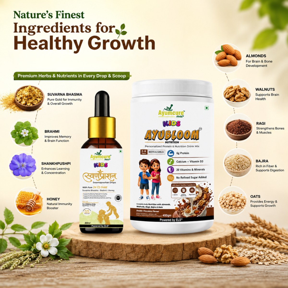 AYUBLOOM Nutrition Drink Powder + Swarnaprashan Drops | Complete Daily Nutrition, Immunity & Brain Support for Children | For Boys & Girls 2-12 Years
