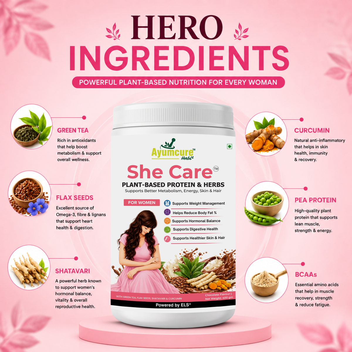 She Care Plant-Based Protein Powder & Herbs for Women | Supports Weight Management, Hormonal Balance, Metabolism & Digestive Health |  Chocolate Flavour | 400g