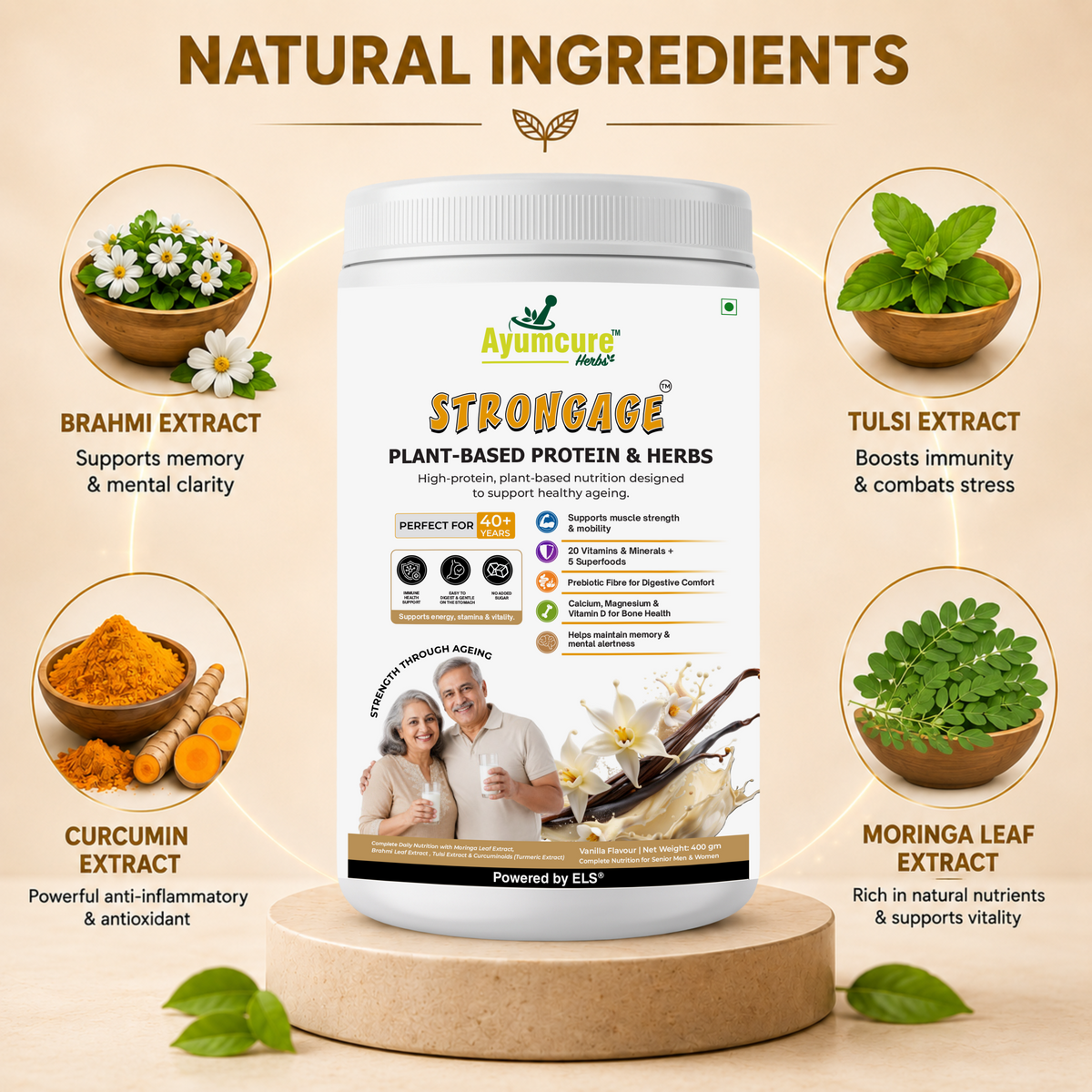 StrongAge Plant-Based Protein Powder for Men & Women 40+ | High Protein with 20 Vitamins & Minerals + 5 Superfoods | Supports Muscle Strength, Mobility, Bone Health, Energy & Healthy Ageing | Prebiotic Fibre | Vanilla Flavour | 400g