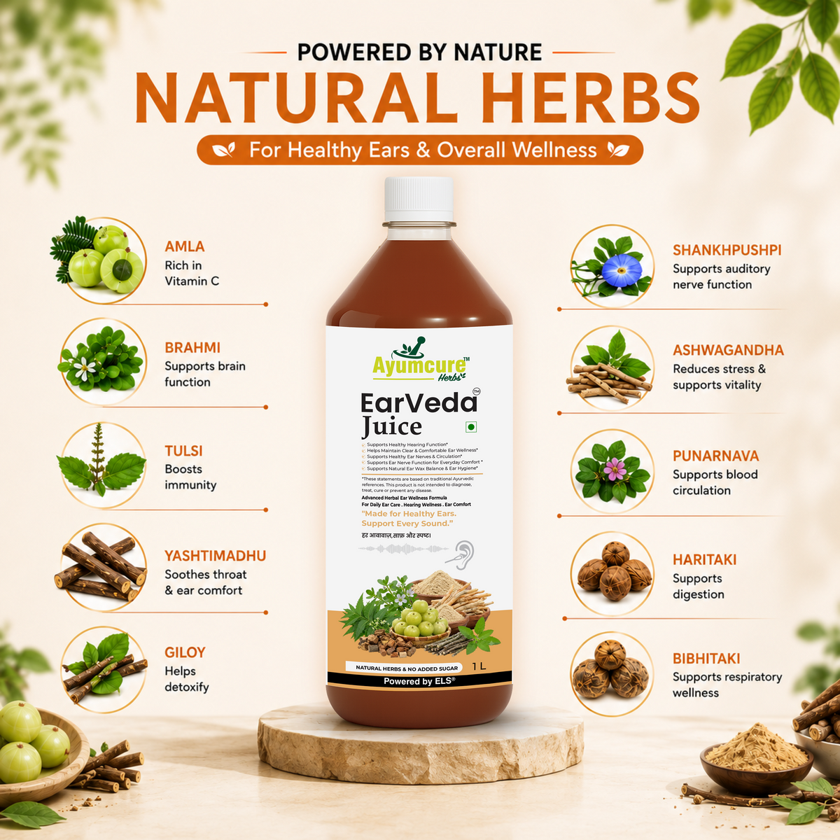 Ayumcure EarVeda Juice – Ear Health, Nerve Function & Blood Circulation | With Giloy, Brahmi, Shankhpushpi & Ashwagandha | Natural Herbs, No Added Sugar | 1L