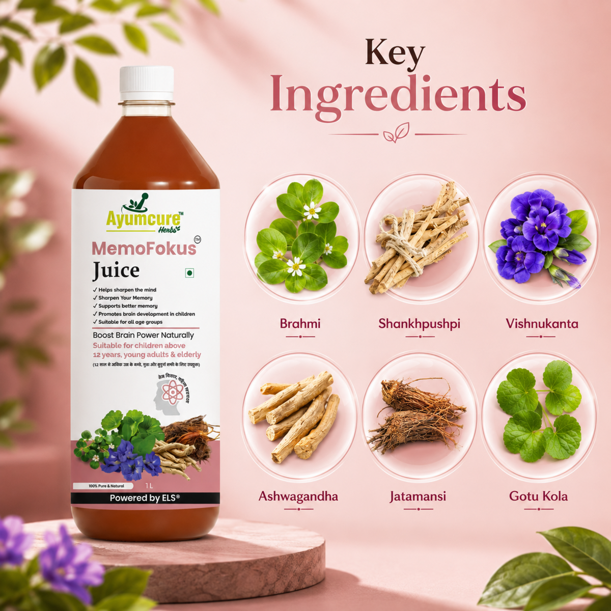 MemoFokus Ayurvedic Brain & Memory Support Juice | 11+ Herbs | Men & Women