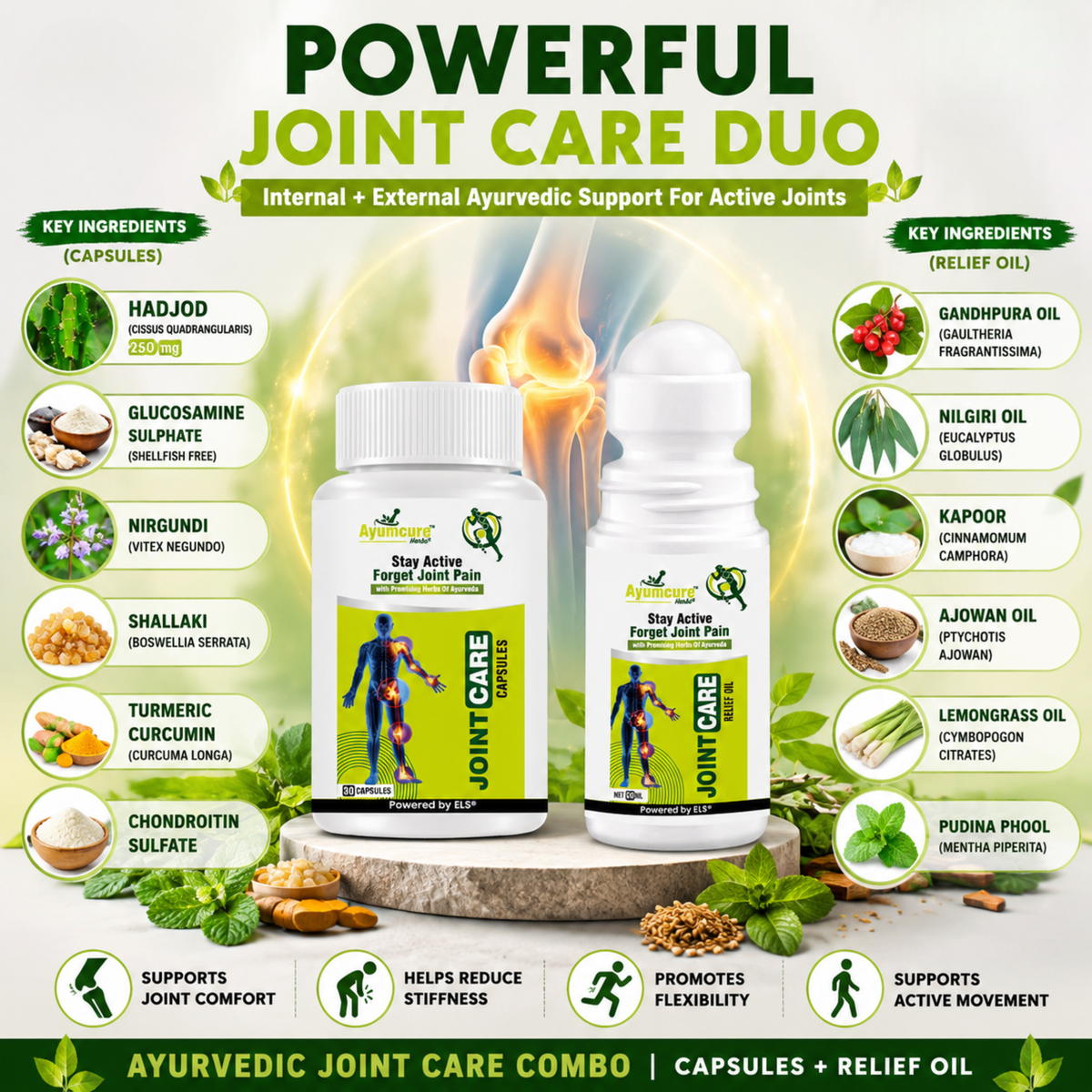 Joint Care Combo: Herbal Capsules + Pain Relief Oil | Flexibility | Men & Women