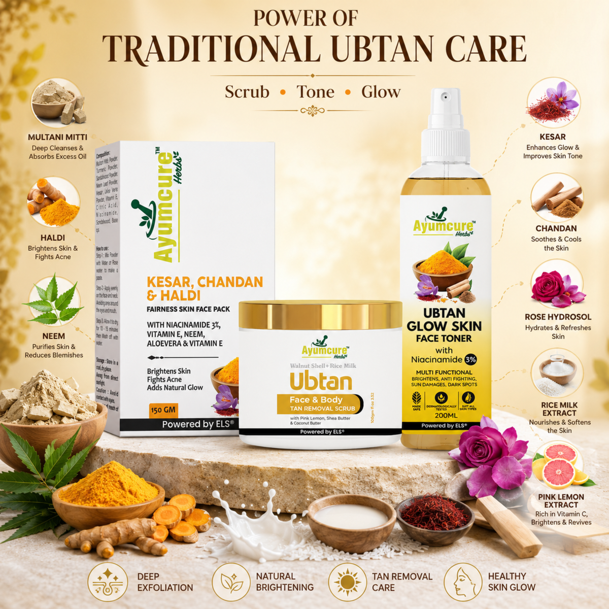 Ubtan Glow Combo: Face Pack + Toner + Scrub | 3% Niacinamide | Men & Women