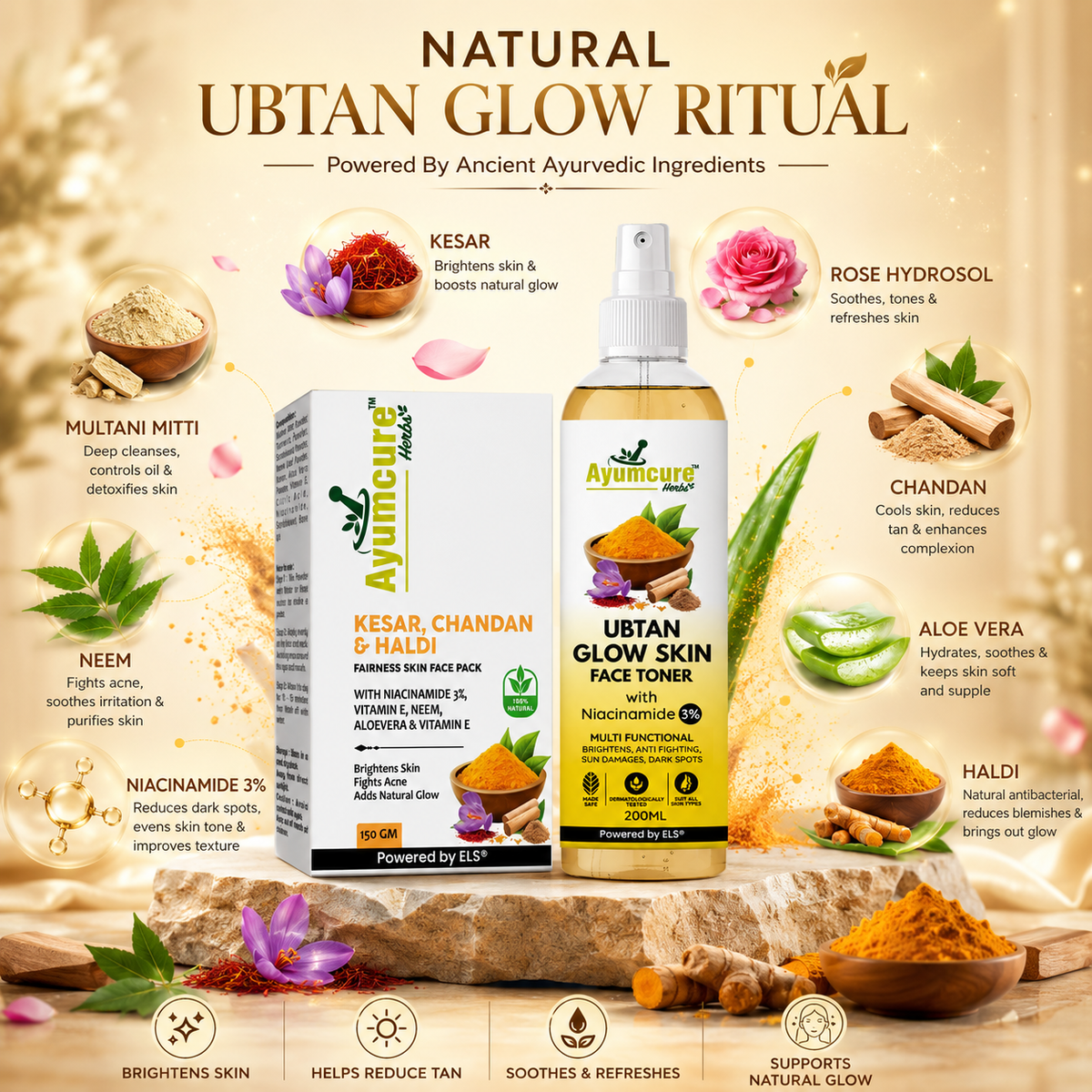 Ubtan Glow Toner + Radiance Face Pack | 3% Niacinamide, Kesar & Haldi | Men & Women