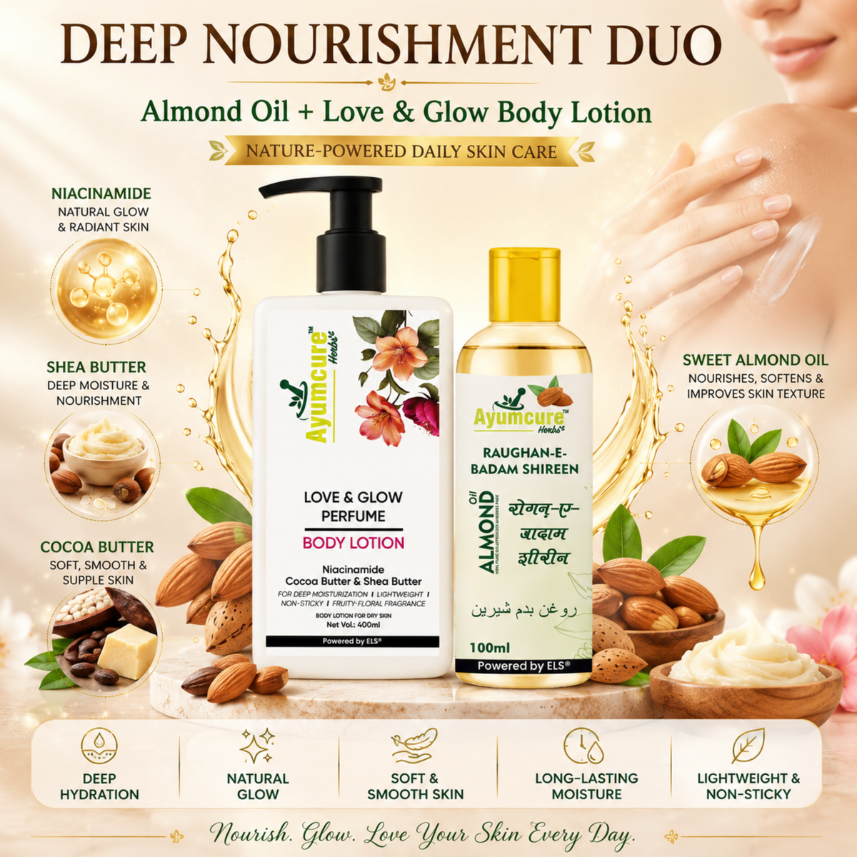 Winter Combo: Love & Glow Perfume Body Lotion + Almond Oil | Deep Moisturization | Unisex