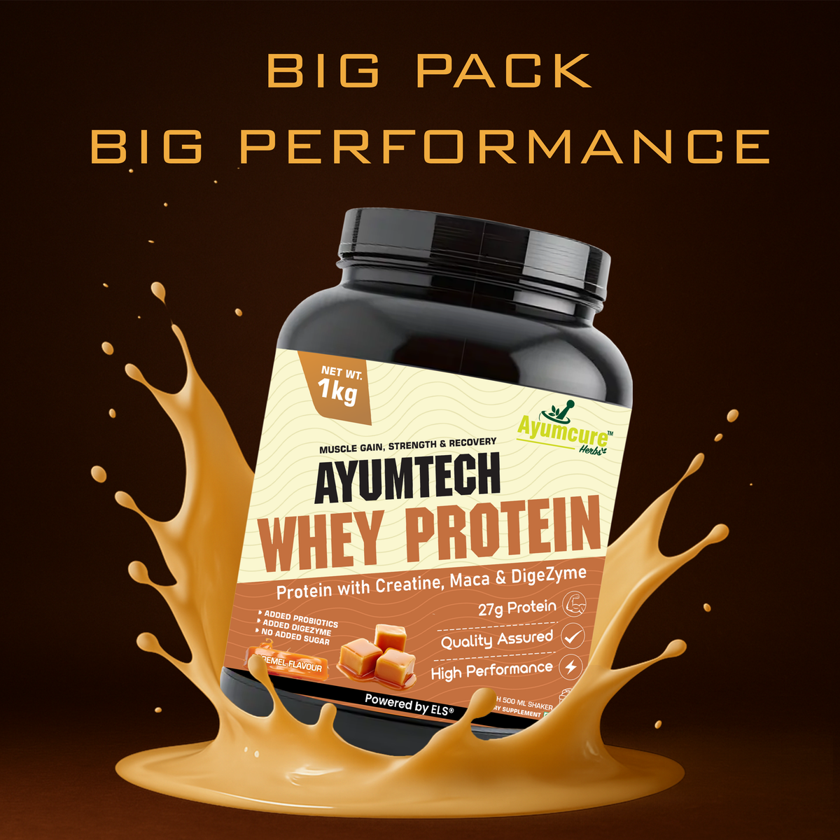 Whey Protein - 27g Protein + Creatine & Maca - Caramel - Muscle Gain - With Shaker