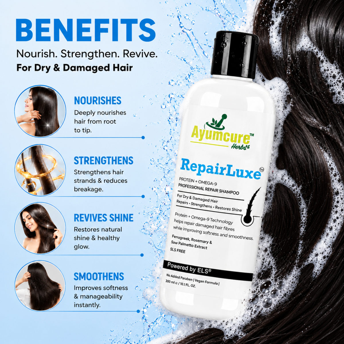 RepairLuxe Professional Repair Shampoo |With Fenugreek, Rosemary & Saw Palmetto | SLS Free