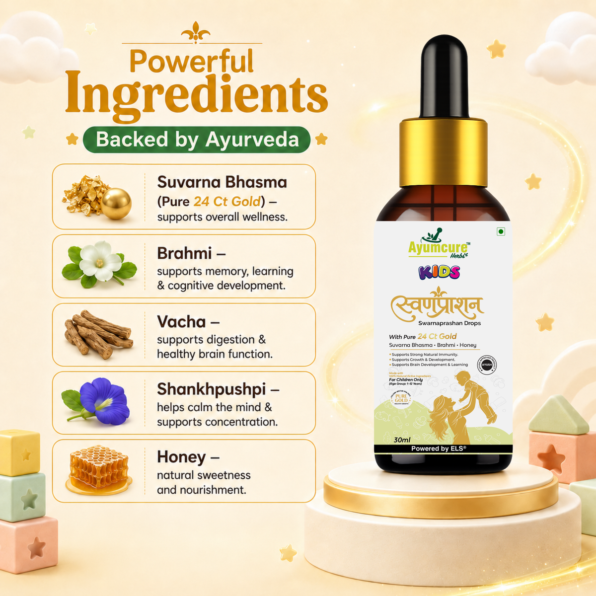 Kids Swarnaprashan Drops – 24Ct Gold, Brahmi & Shankhpushpi for Immunity & Brain Support | Children 1-12 Years