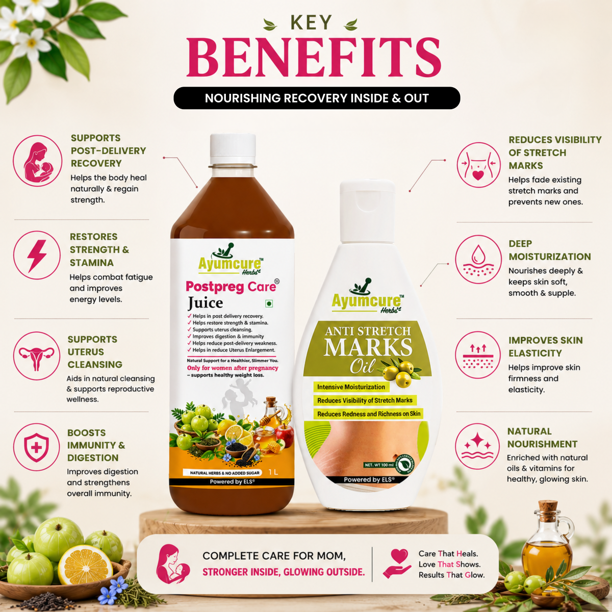 Postpartum Recovery Combo – Postpreg Care Juice + Stretch Mark Reduction Oil | Ayurvedic Tonic for Post-Delivery Wellness