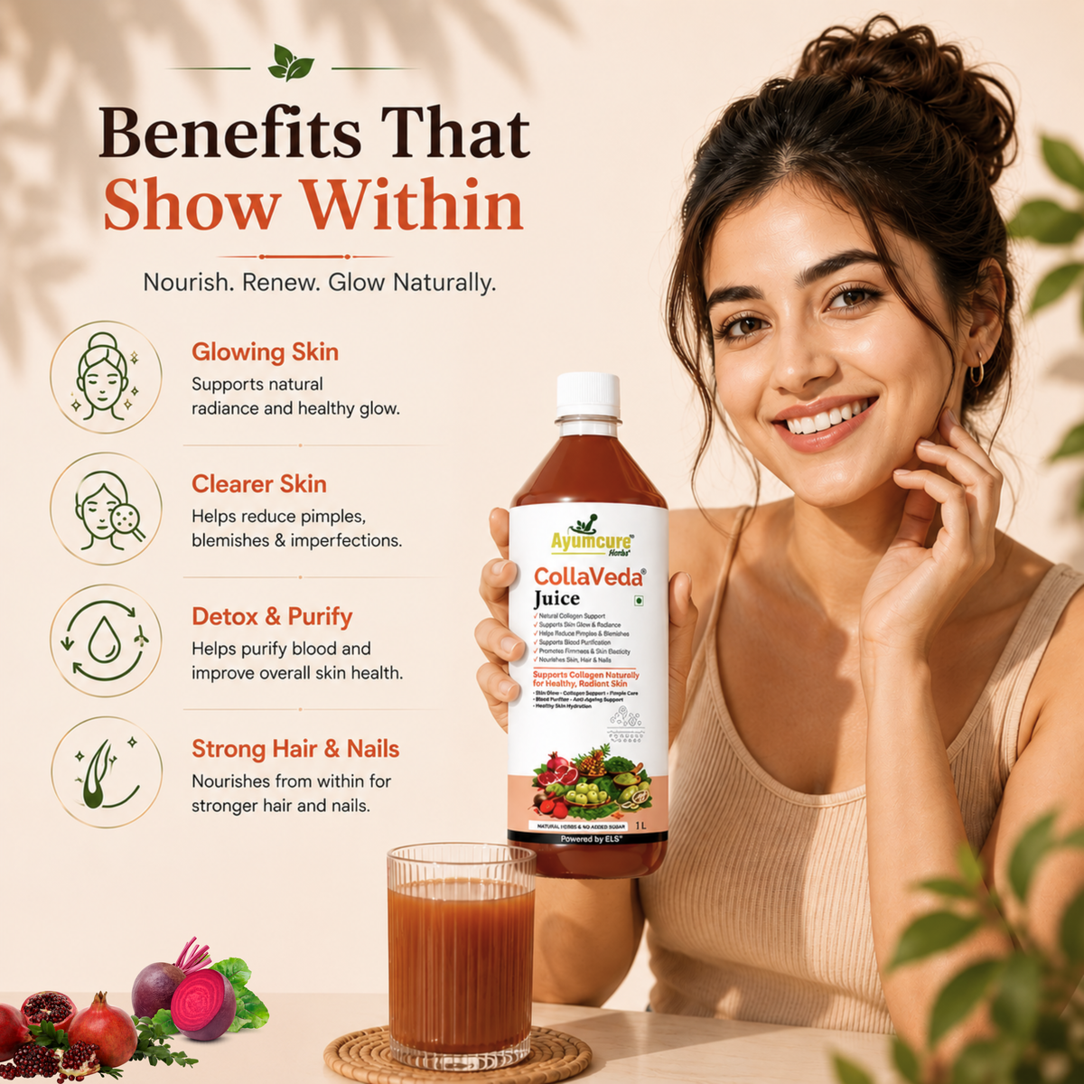 CollaVeda Juice – Natural Collagen Support & Skin Glow | Korean Glass Skin Formula | 100% Herbal | 1 Litre