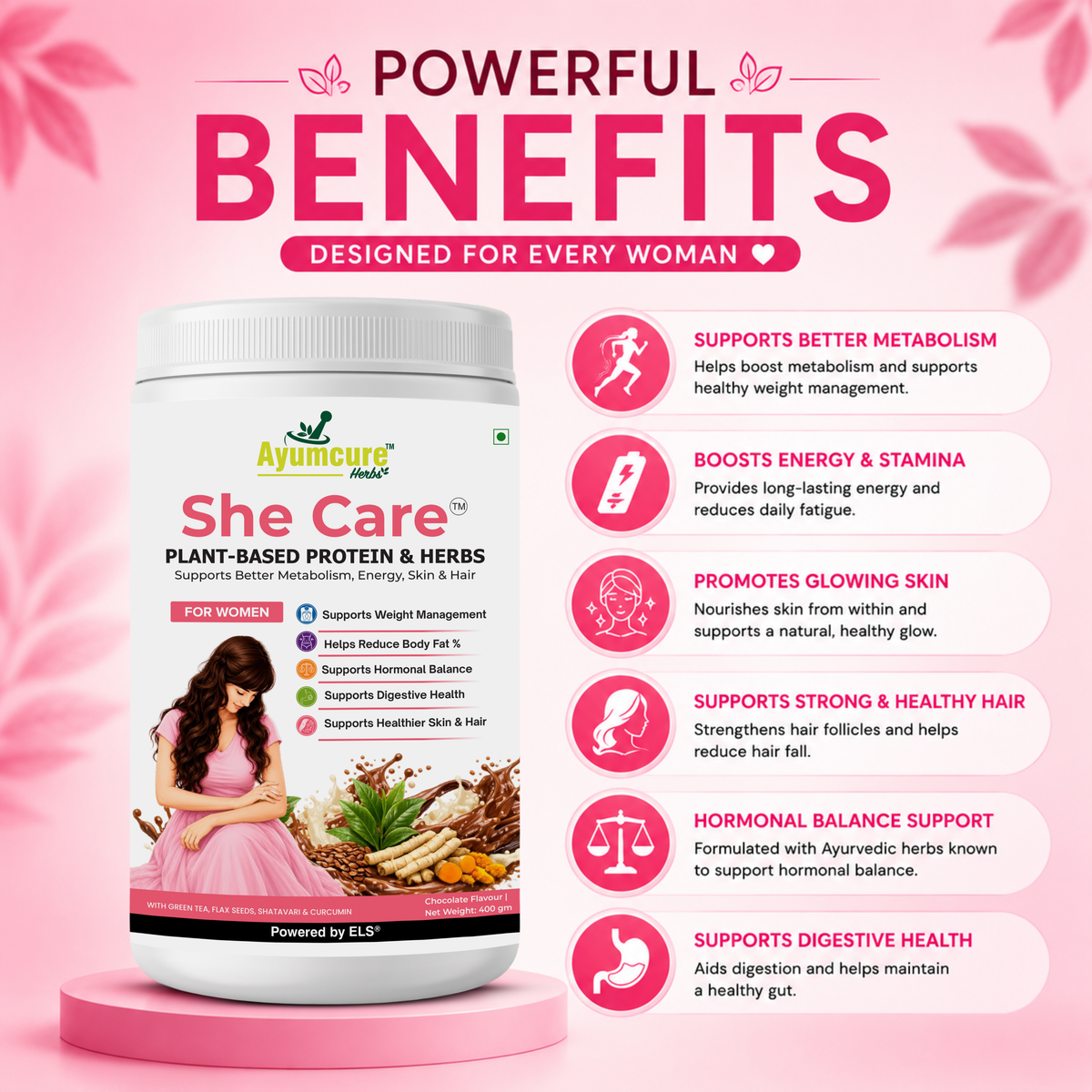 She Care Plant-Based Protein Powder & Herbs for Women | Supports Weight Management, Hormonal Balance, Metabolism & Digestive Health |  Chocolate Flavour | 400g