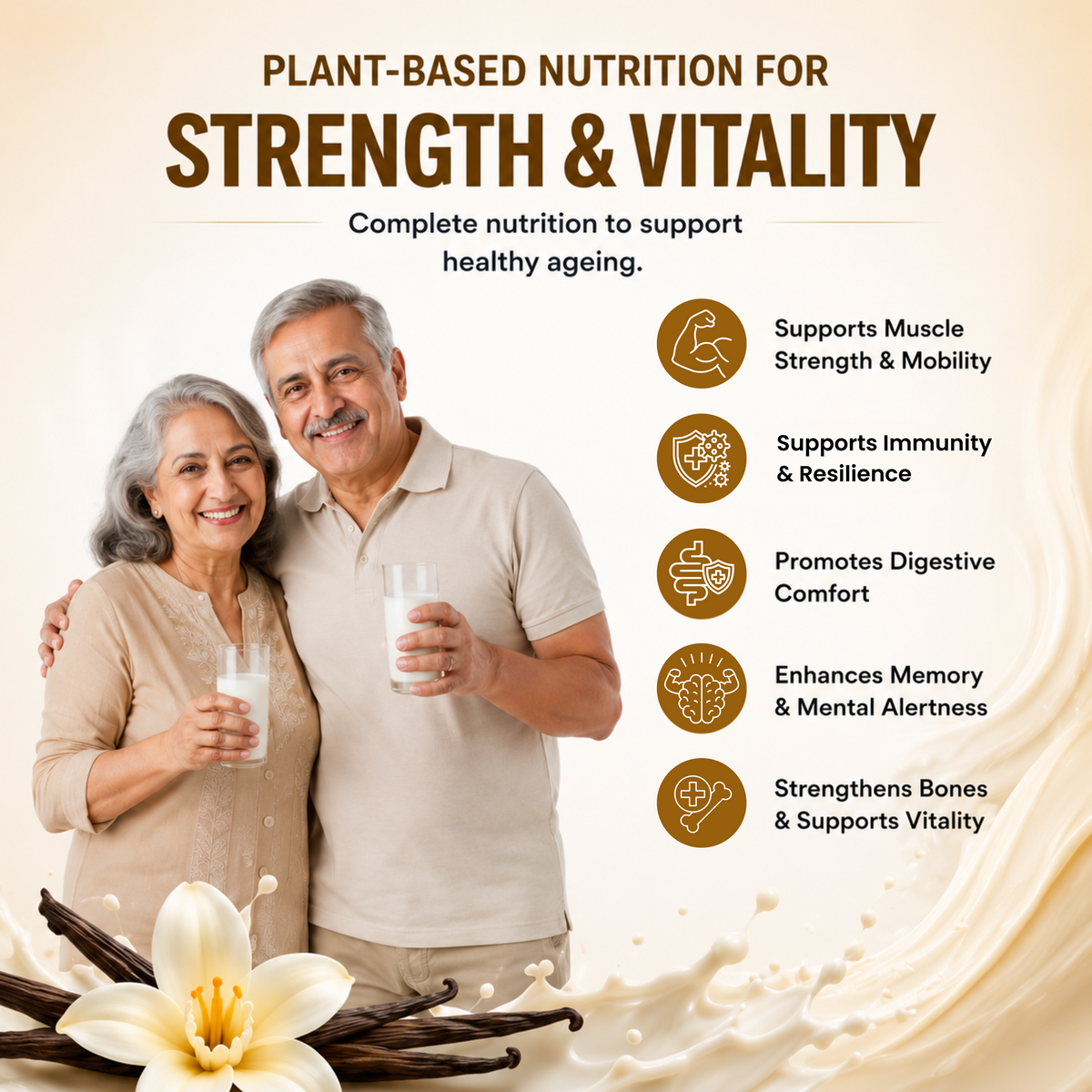 StrongAge Plant-Based Protein Powder for Men & Women 40+ | High Protein with 20 Vitamins & Minerals + 5 Superfoods | Supports Muscle Strength, Mobility, Bone Health, Energy & Healthy Ageing | Prebiotic Fibre | Vanilla Flavour | 400g
