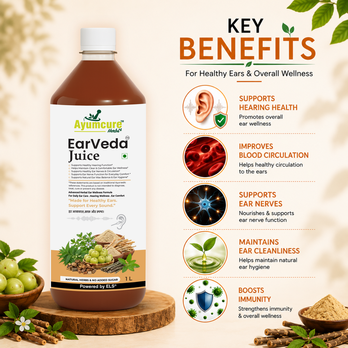 Ayumcure EarVeda Juice – Ear Health, Nerve Function & Blood Circulation | With Giloy, Brahmi, Shankhpushpi & Ashwagandha | Natural Herbs, No Added Sugar | 1L