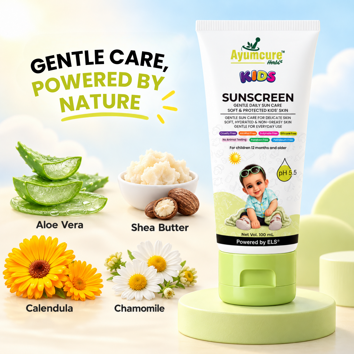 Ayumcure Herbs Kids Sunscreen SPF 30 PA+++ with Aloe Vera, Calendula & Shea Butter, 100ml