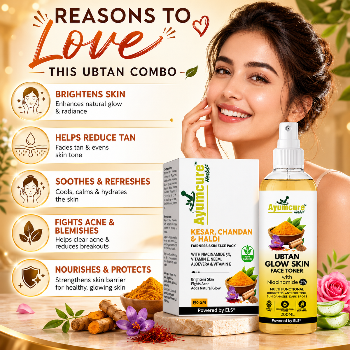 Ubtan Glow Toner + Radiance Face Pack | 3% Niacinamide, Kesar & Haldi | Men & Women