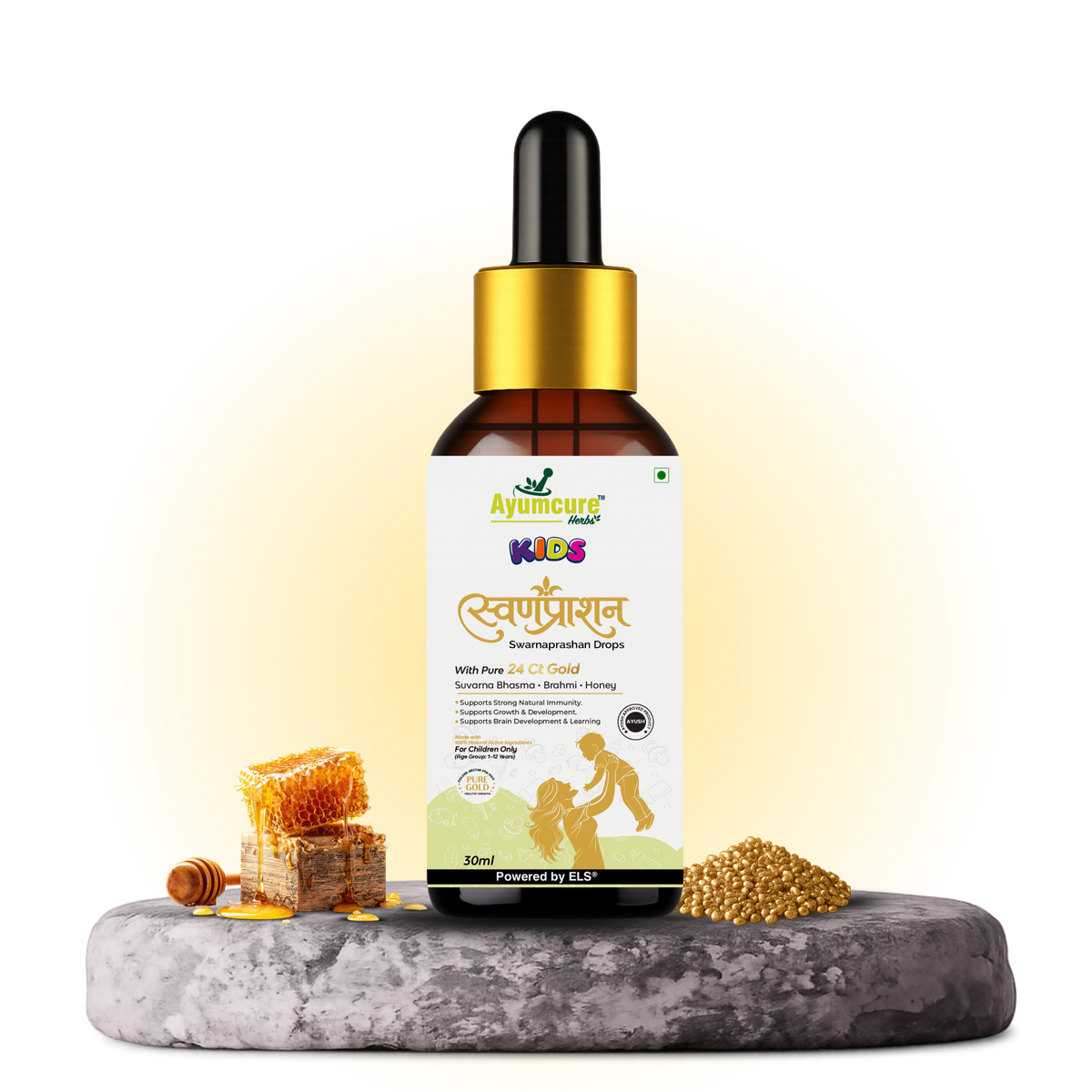 Kids Swarnaprashan Drops – 24Ct Gold, Brahmi & Shankhpushpi for Immunity & Brain Support | Children 1-12 Years