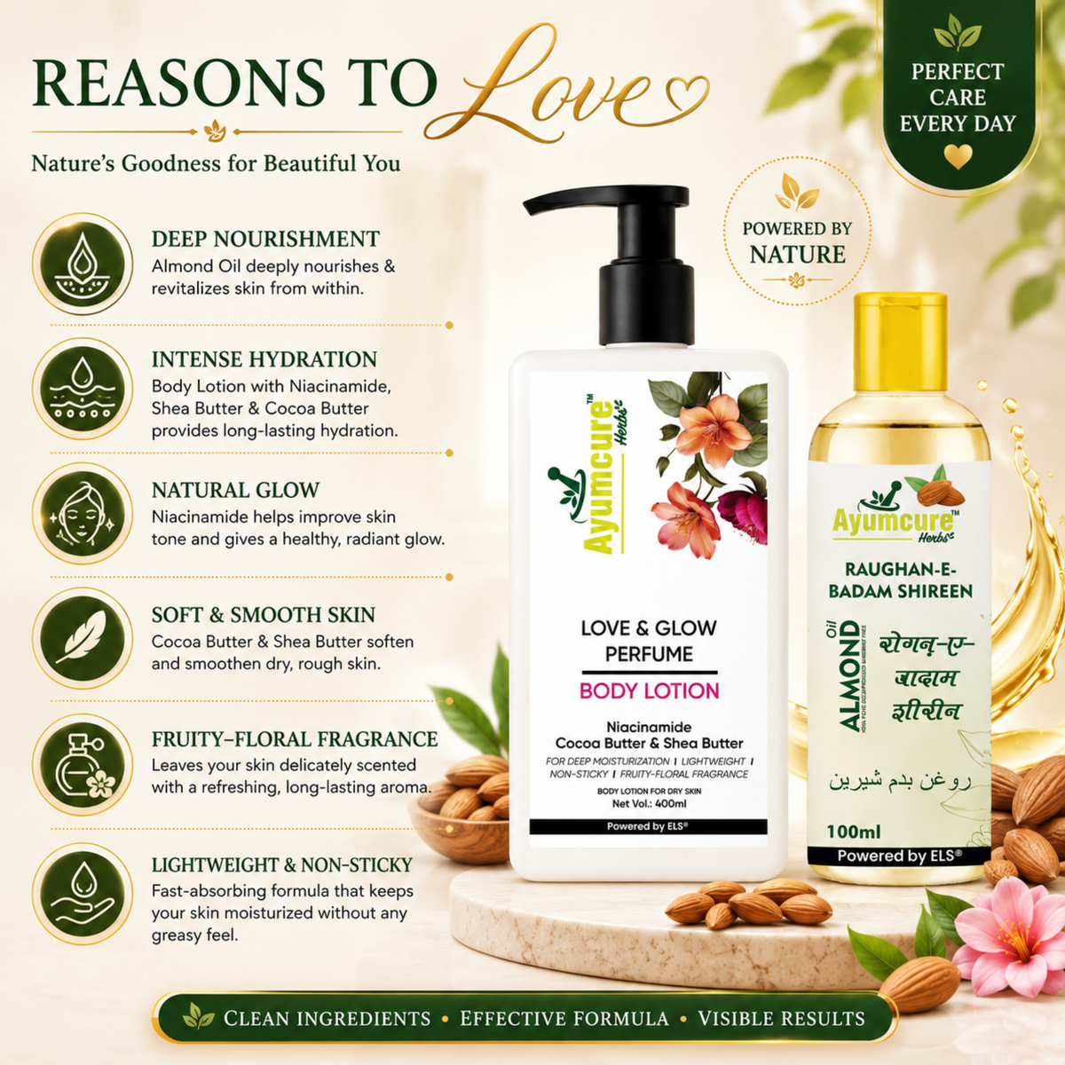 Winter Combo: Love & Glow Perfume Body Lotion + Almond Oil | Deep Moisturization | Unisex