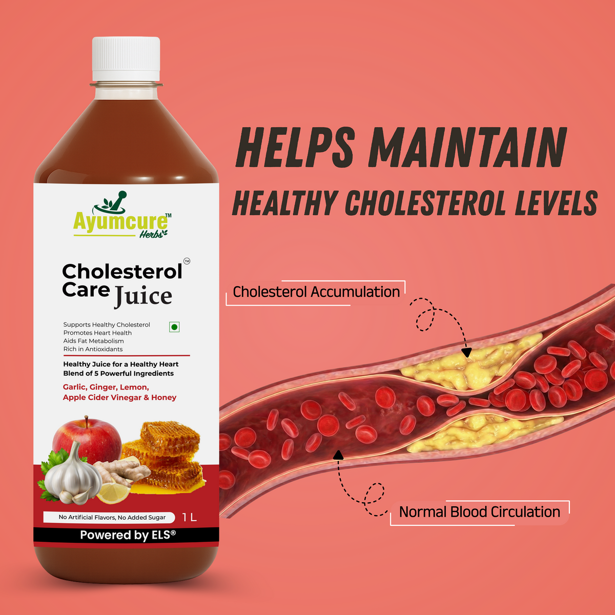 Cholesterol Care Ayurvedic Juice, Garlic, Ginger, ACV & Honey, Men & Women