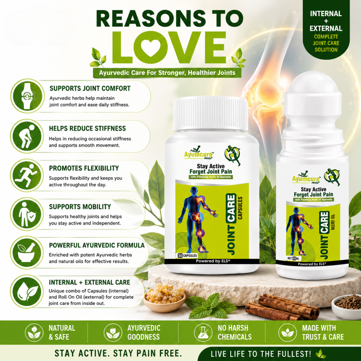 Joint Care Combo: Herbal Capsules + Pain Relief Oil | Flexibility | Men & Women