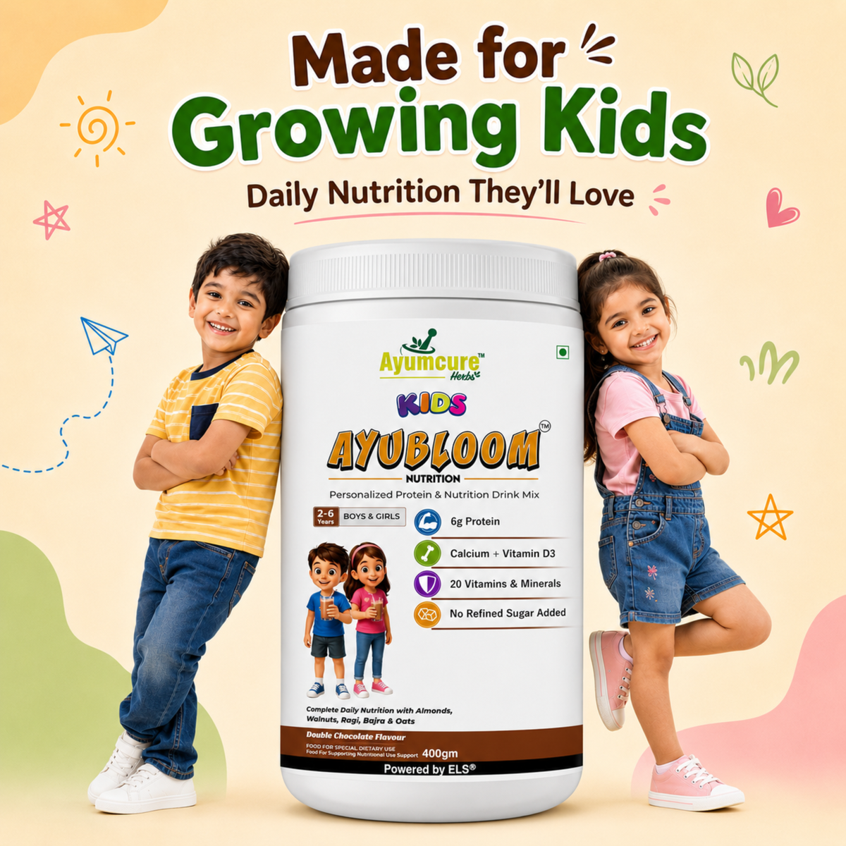 Kids AYUBLOOM Nutrition Drink Powder |  Complete Daily Nutrition for Boys & Girls 2-6 Years