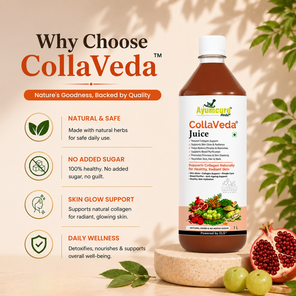 CollaVeda Juice – Natural Collagen Support & Skin Glow | Korean Glass Skin Formula | 100% Herbal | 1 Litre
