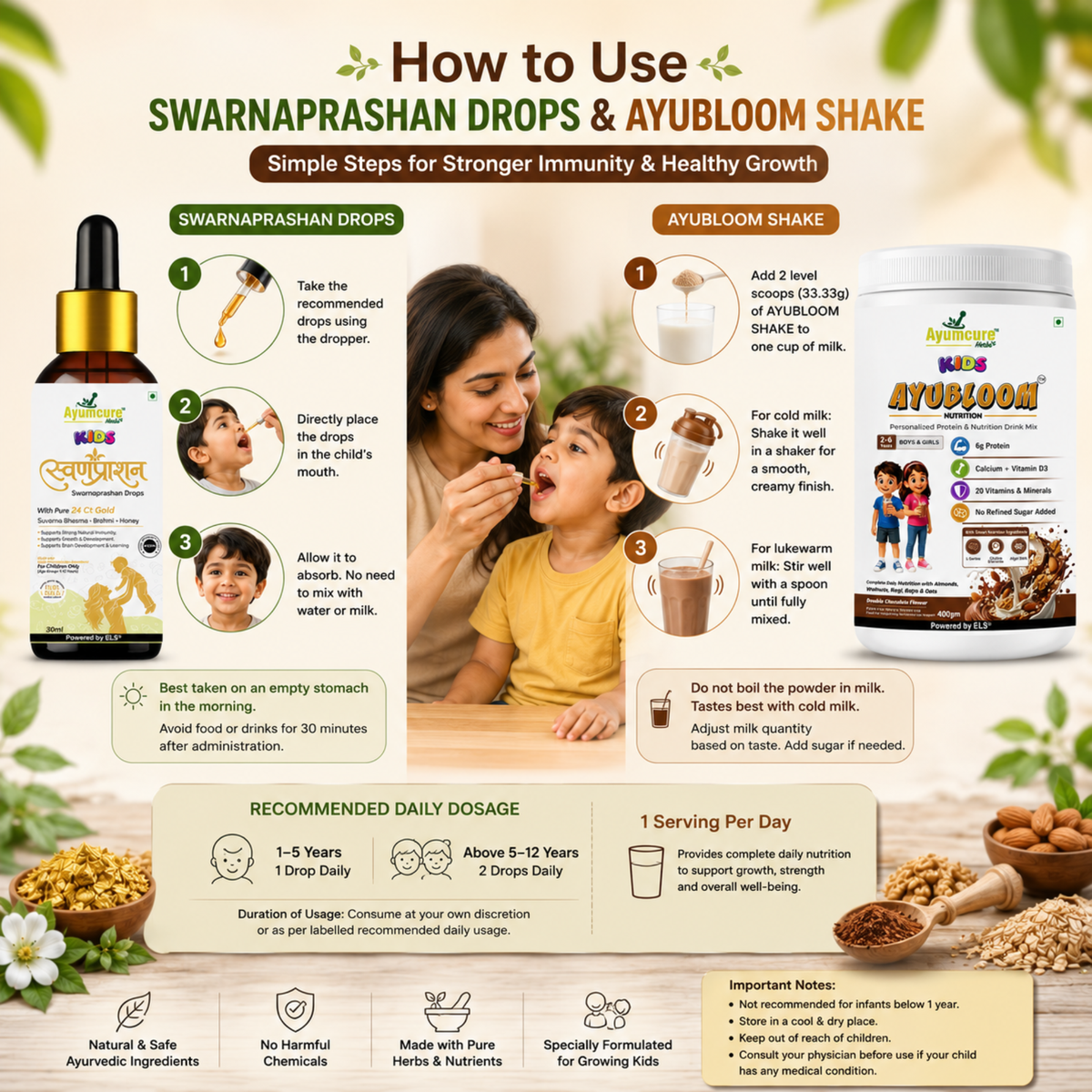 AYUBLOOM Nutrition Drink Powder + Swarnaprashan Drops | Complete Daily Nutrition, Immunity & Brain Support for Children | For Boys & Girls 2-12 Years
