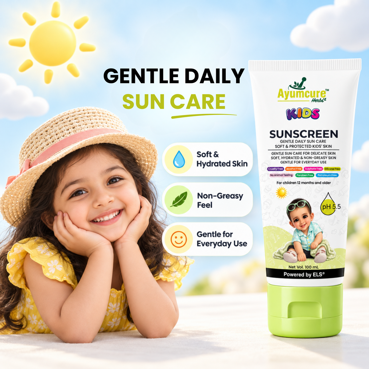 Ayumcure Herbs Kids Sunscreen SPF 30 PA+++ with Aloe Vera, Calendula & Shea Butter, 100ml