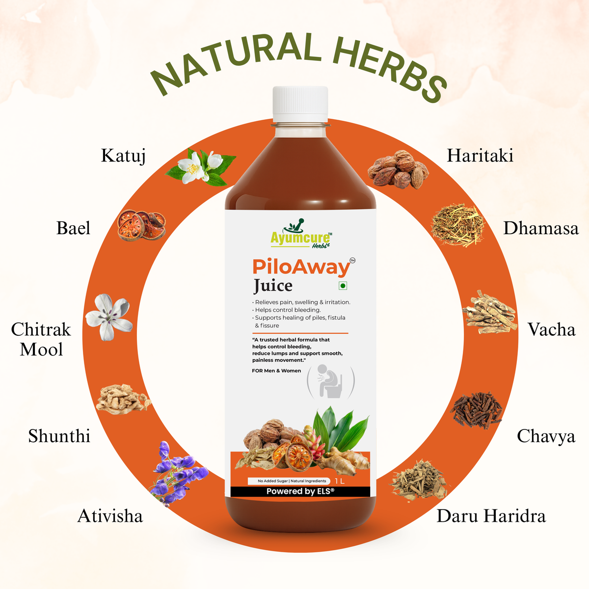 PiloAway Ayurvedic Piles Care Juice, Bleeding, Pain & Swelling Relief, Men & Women
