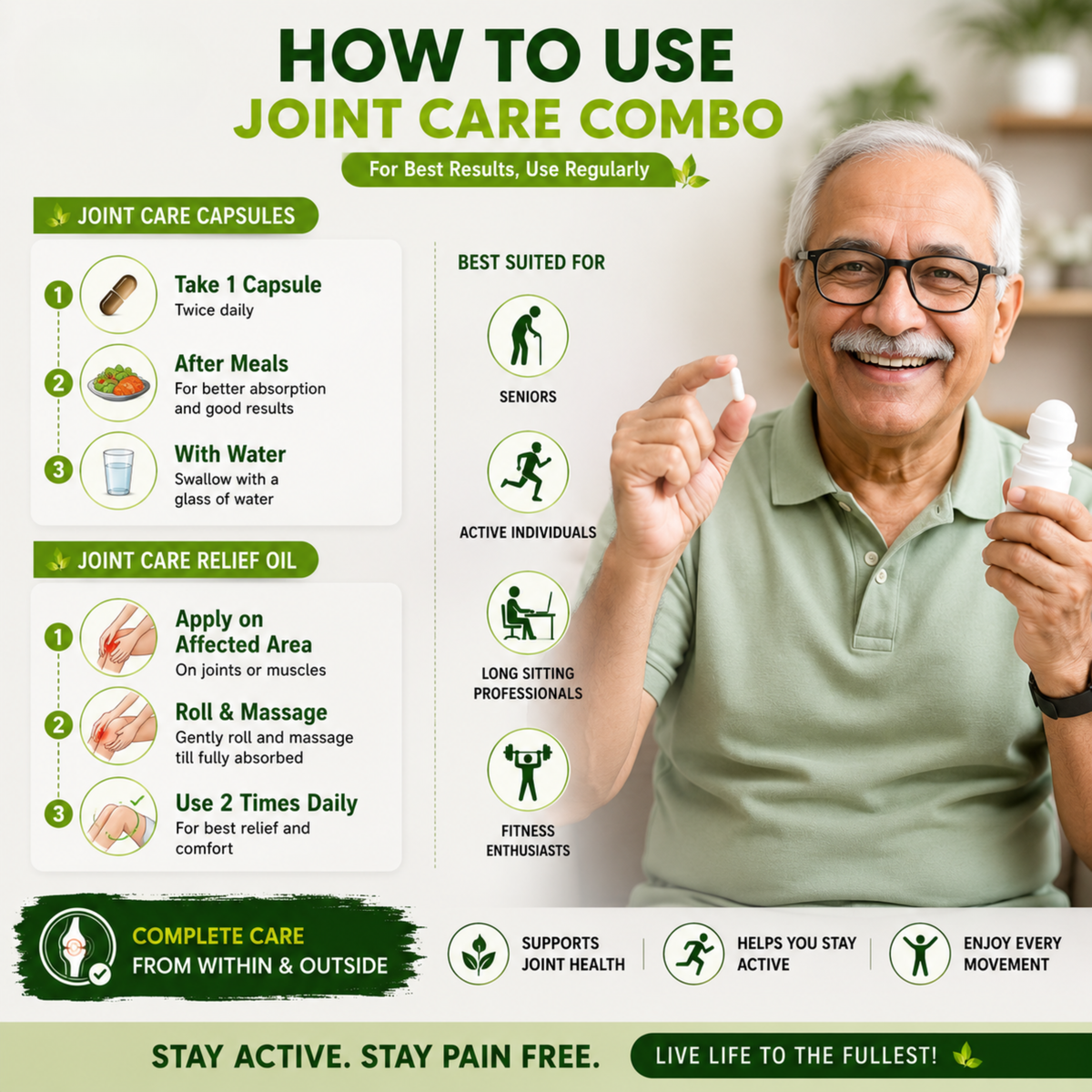 Joint Care Combo: Herbal Capsules + Pain Relief Oil | Flexibility | Men & Women