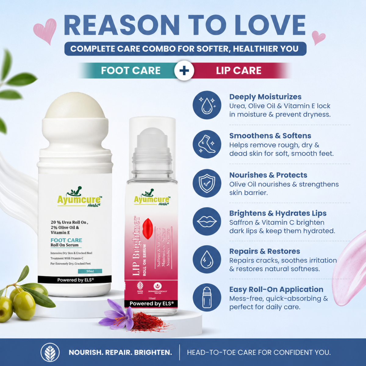 Winter Combo: 20% Urea Foot Roll-On + Lip Brightener Roll-On | 2% Olive Oil | Unisex