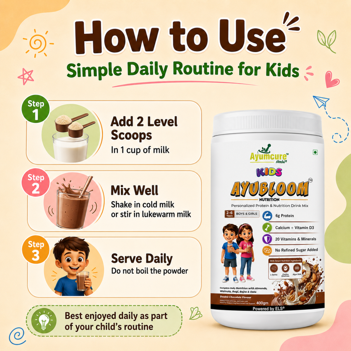 Kids AYUBLOOM Nutrition Drink Powder |  Complete Daily Nutrition for Boys & Girls 2-6 Years
