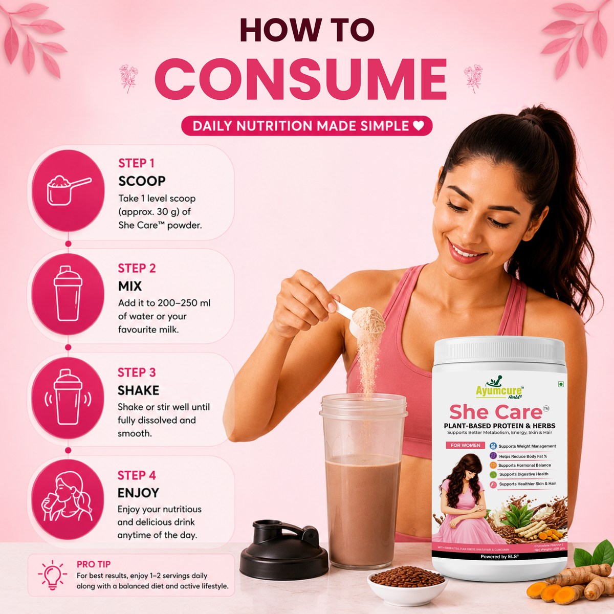 She Care Plant-Based Protein Powder & Herbs for Women | Supports Weight Management, Hormonal Balance, Metabolism & Digestive Health |  Chocolate Flavour | 400g