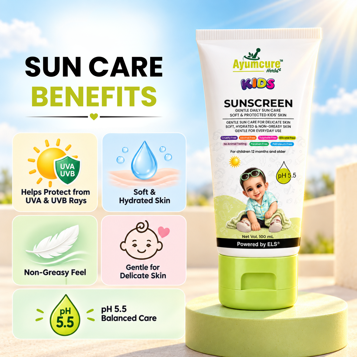 Ayumcure Herbs Kids Sunscreen SPF 30 PA+++ with Aloe Vera, Calendula & Shea Butter, 100ml