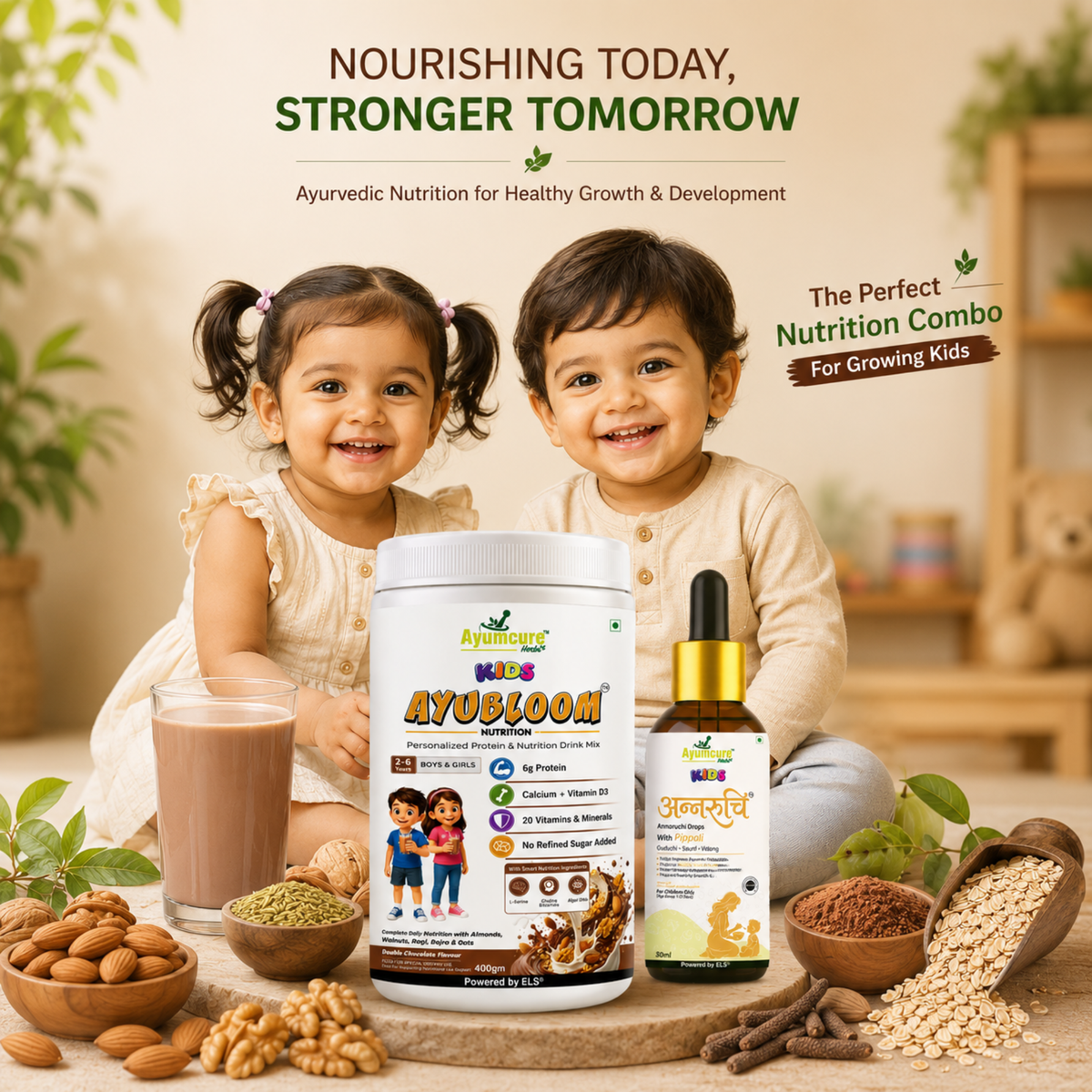 Kids Combo — Annaruchi Drops + AYUBLOOM Nutrition Drink Powder | For Boys & Girls 1-12 Years