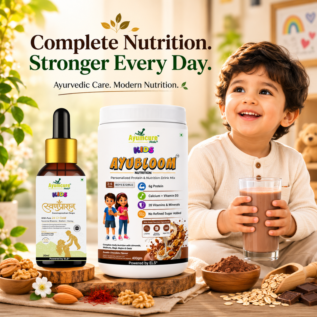 AYUBLOOM Nutrition Drink Powder + Swarnaprashan Drops | Complete Daily Nutrition, Immunity & Brain Support for Children | For Boys & Girls 2-12 Years