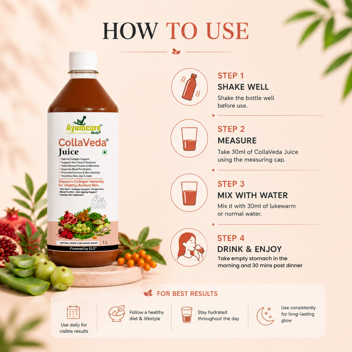 CollaVeda Juice – Natural Collagen Support & Skin Glow | Korean Glass Skin Formula | 100% Herbal | 1 Litre