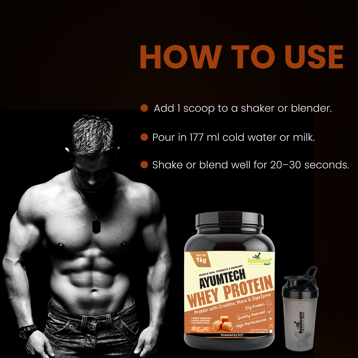 Whey Protein - 27g Protein + Creatine & Maca - Caramel - Muscle Gain - With Shaker