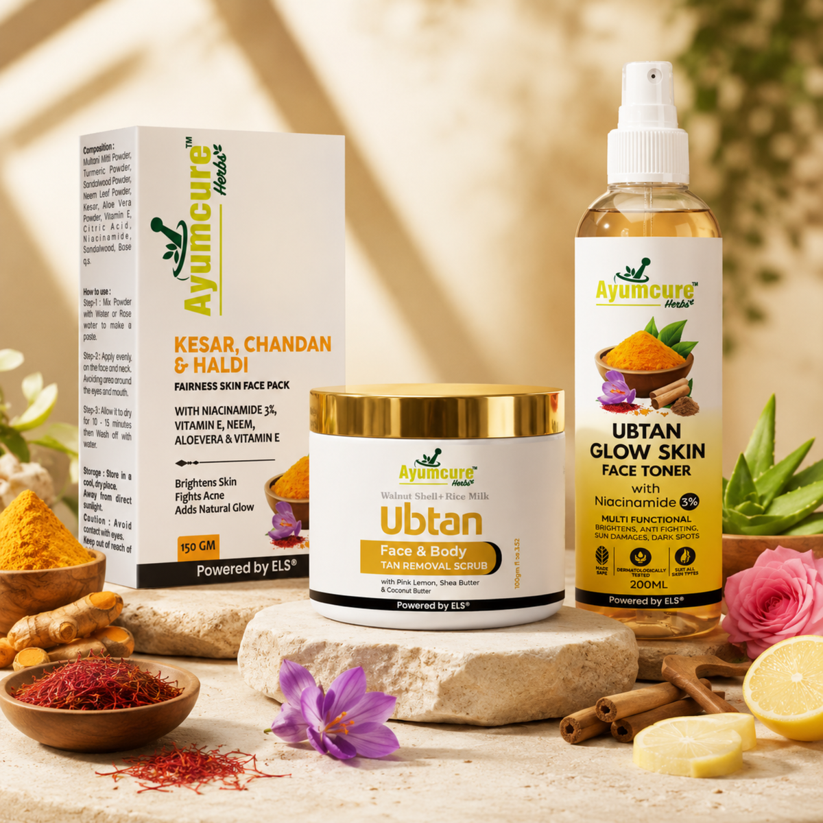 Ubtan Glow Combo: Face Pack + Toner + Scrub | 3% Niacinamide | Men & Women