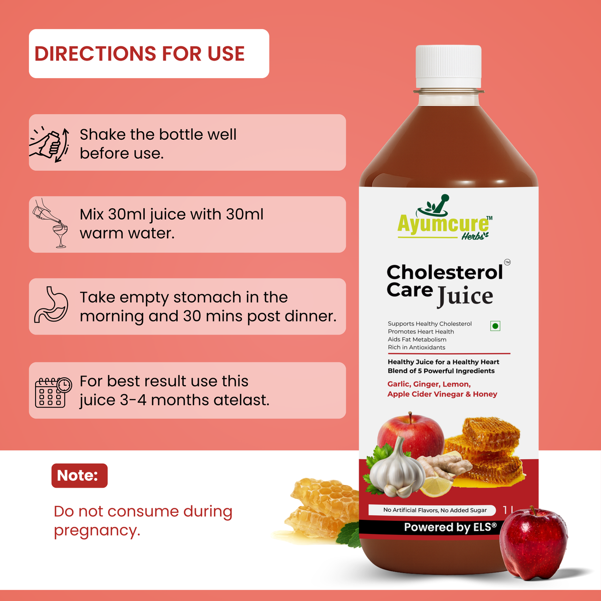 Cholesterol Care Ayurvedic Juice, Garlic, Ginger, ACV & Honey, Men & Women