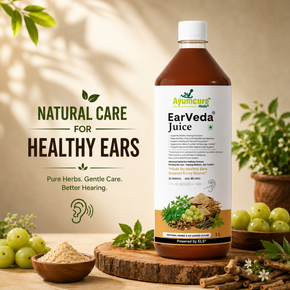 Ayumcure EarVeda Juice – Ear Health, Nerve Function & Blood Circulation | With Giloy, Brahmi, Shankhpushpi & Ashwagandha | Natural Herbs, No Added Sugar | 1L